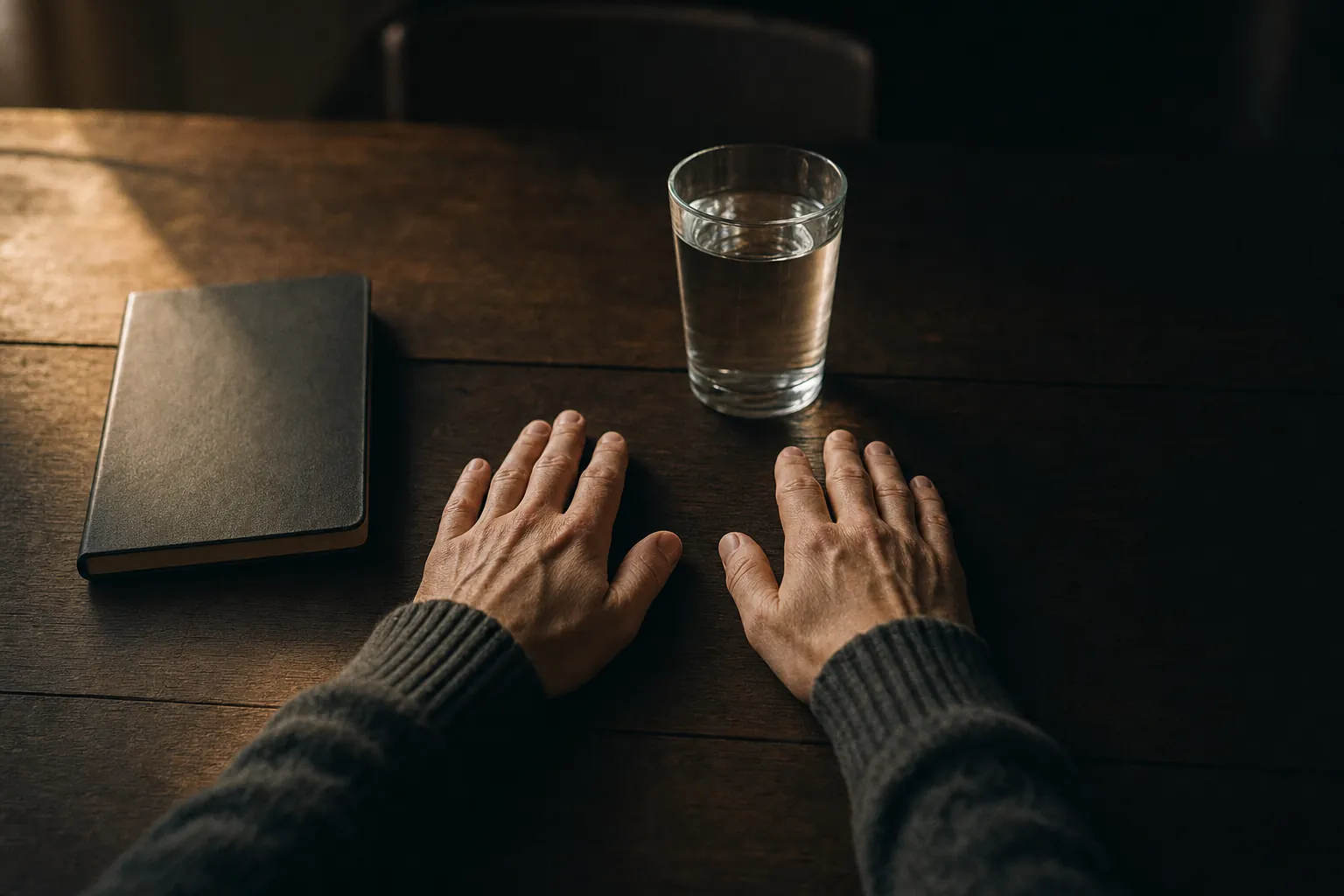 Seen from above, a person’s hands rest flat and still on a wooden table beside a closed notebook and a glass of water.