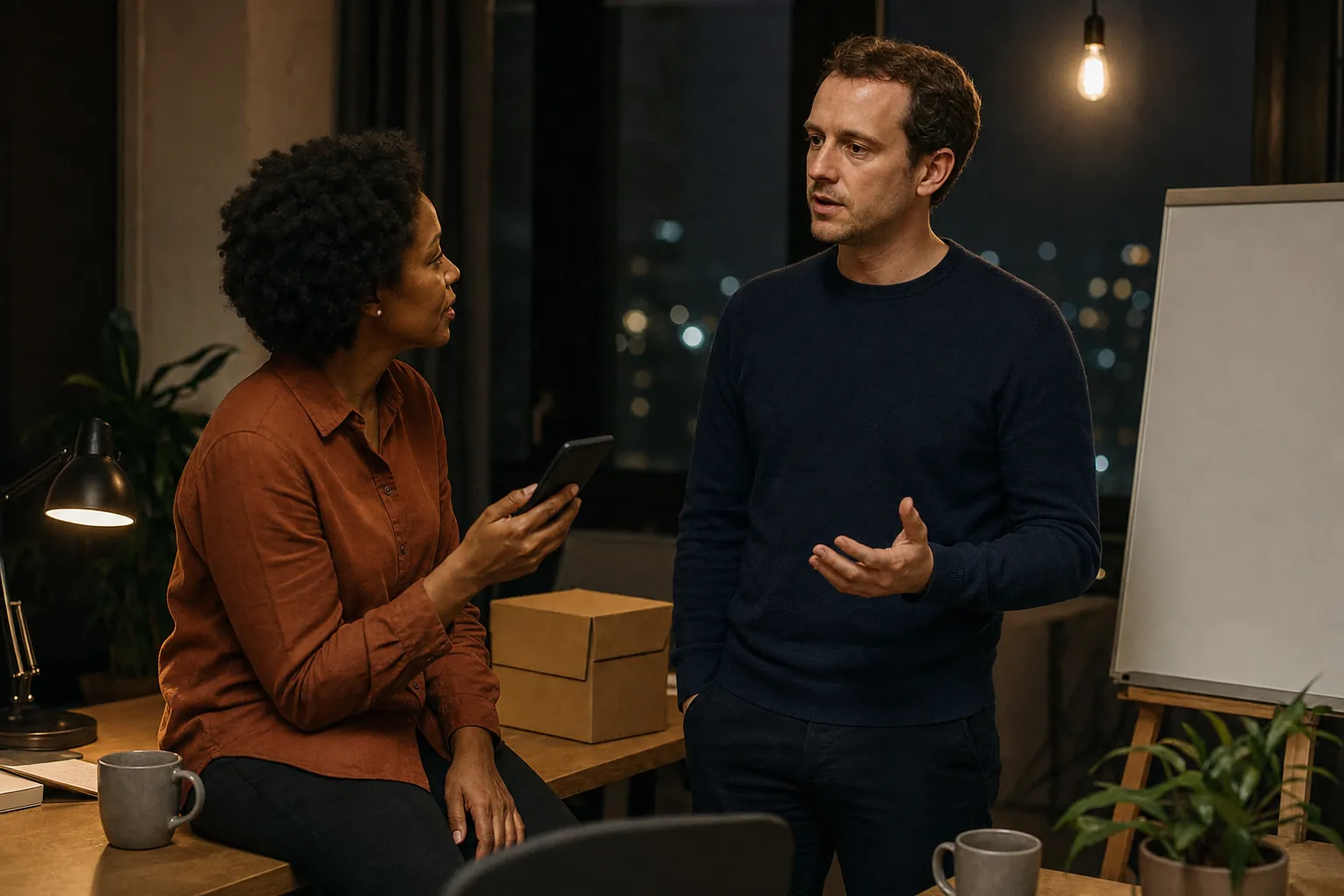 At night in an office, a man in a dark sweater answers with an open hand while a colleague perched on a desk holds a phone and watches him.