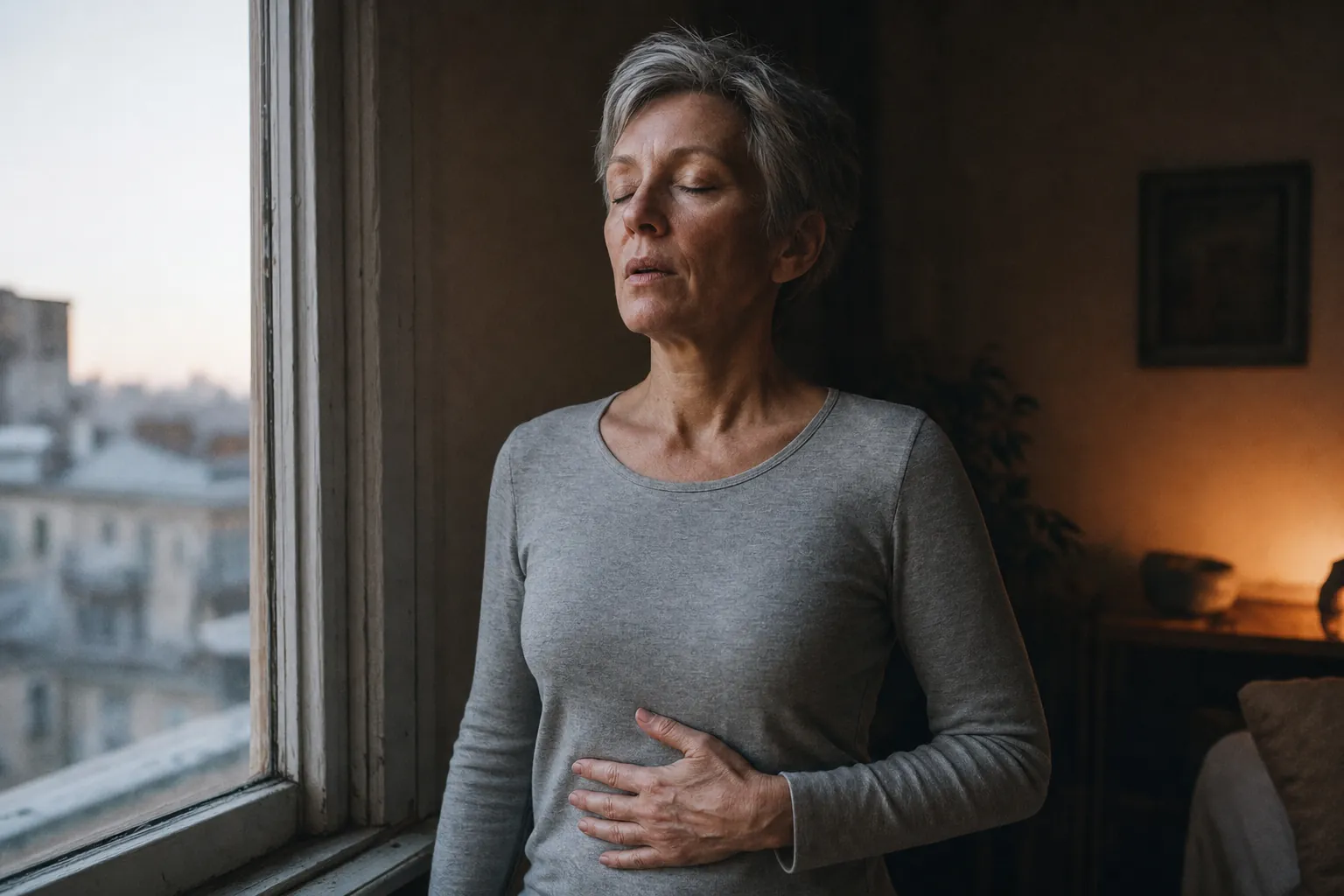 A grey-haired woman stands by a window at dawn, eyes closed, one hand on her stomach, breathing out slowly.
