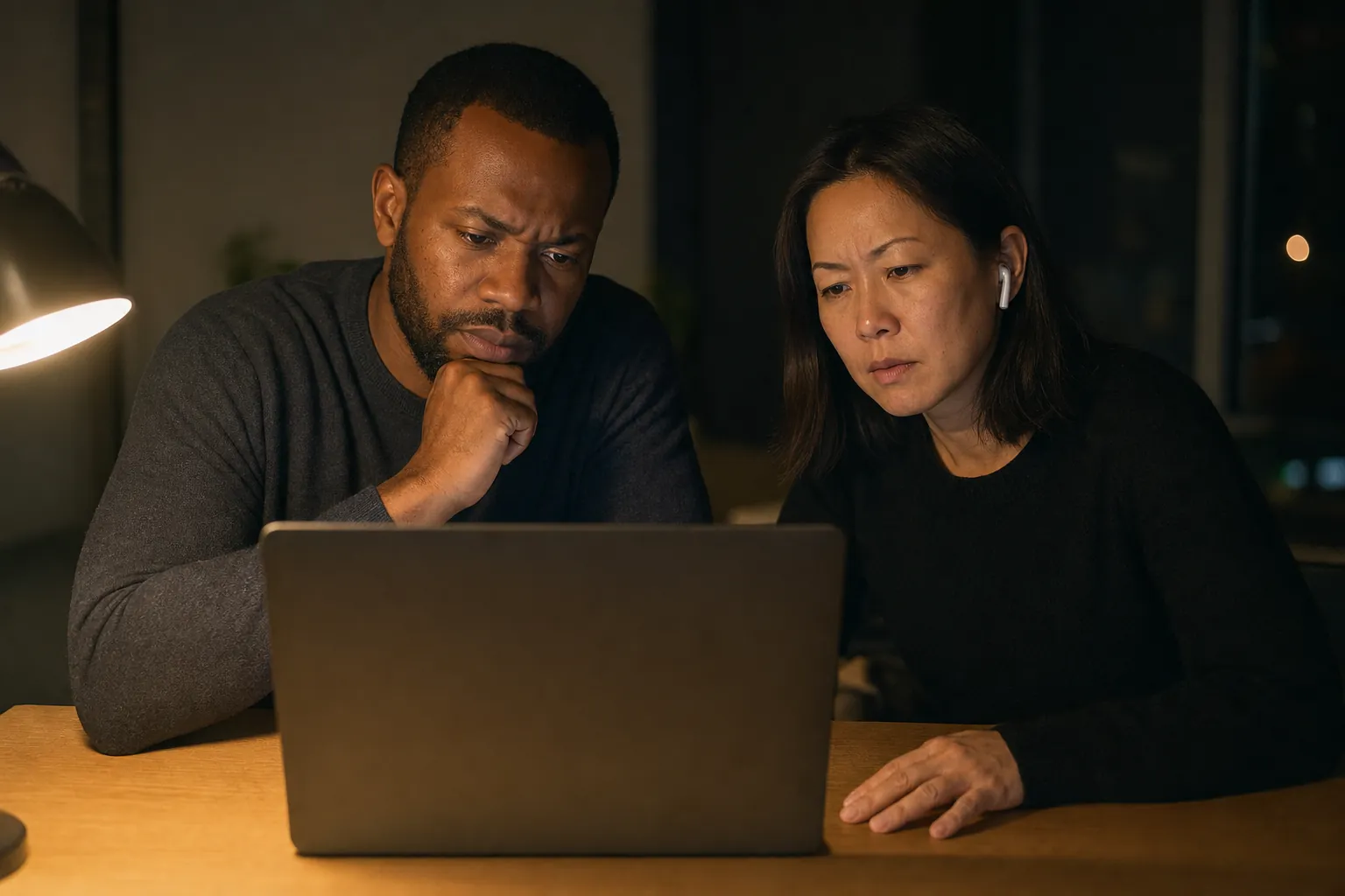 Two co-founders watch a laptop whose screen faces away from the camera; she wears one earbud, he rests his chin on his fist.