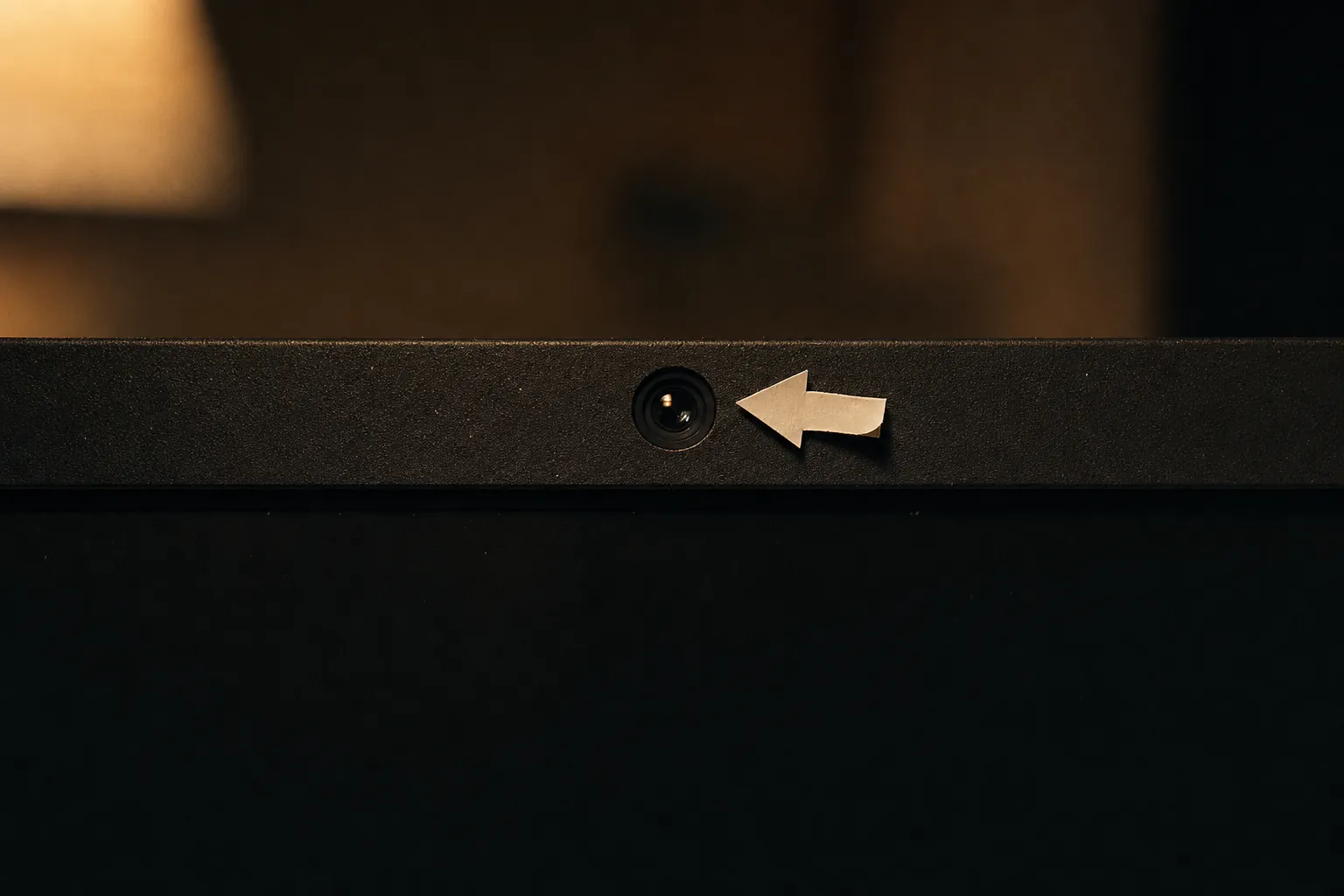 Close-up of a laptop’s top bezel with the webcam lens in focus and a small blank paper arrow stuck beside it, pointing at the lens.