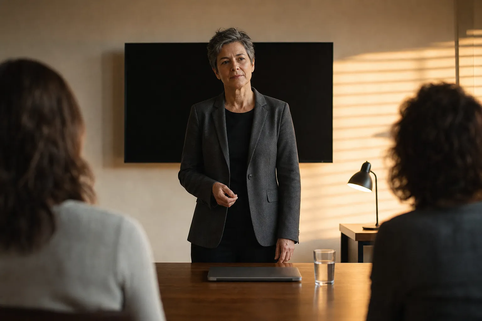 A grey-haired woman pauses mid-presentation in front of a dark wall screen, two seated colleagues blurred in the foreground.