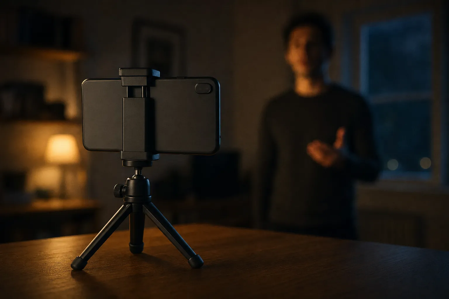 A phone held sideways in a clamp on a small tripod, sharp in the foreground, records a softly blurred speaker in a dim, lamp-lit room.