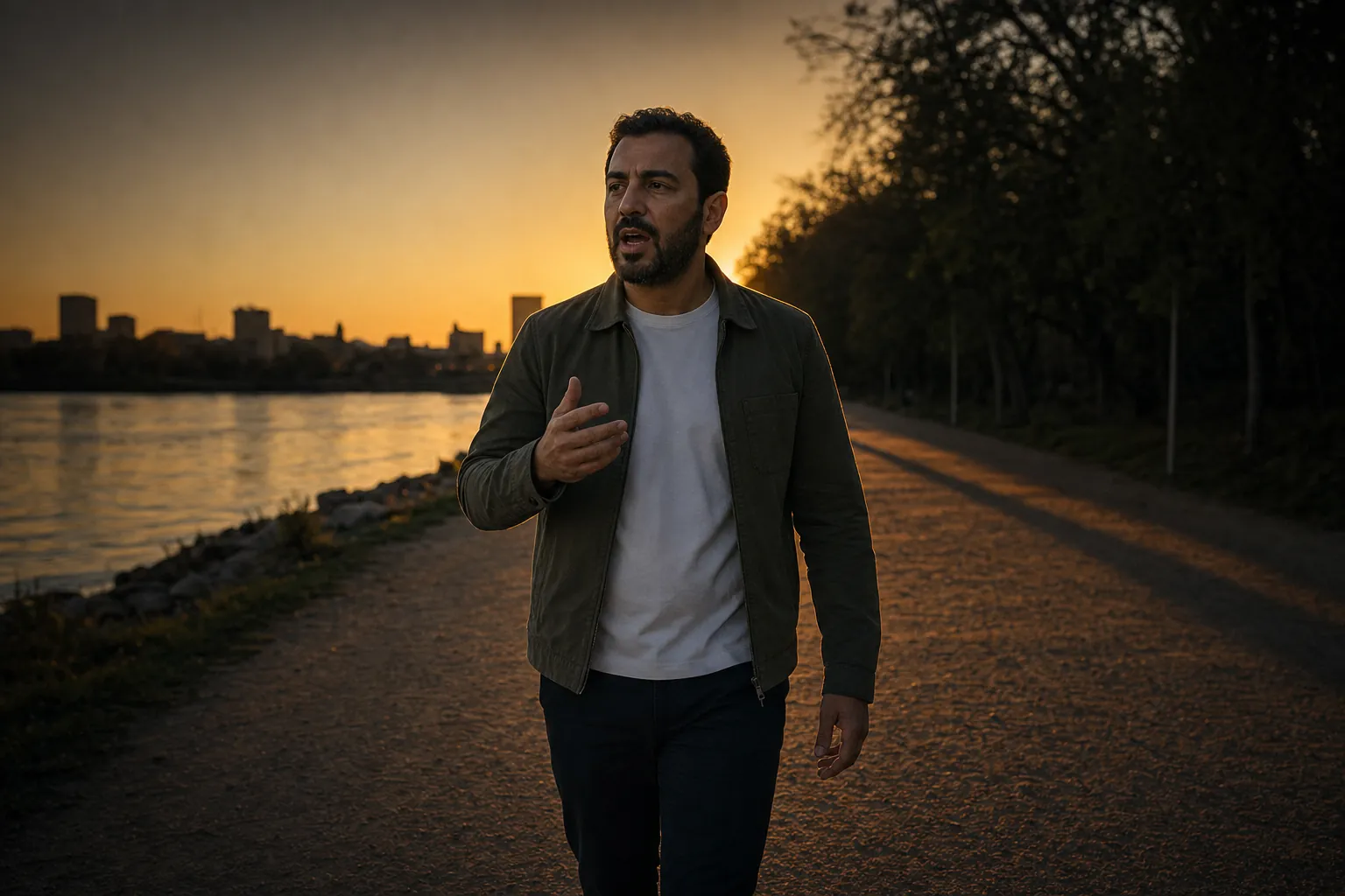 A bearded man walks a riverside path at sunset, talking aloud mid-gesture, a dark city skyline behind him.
