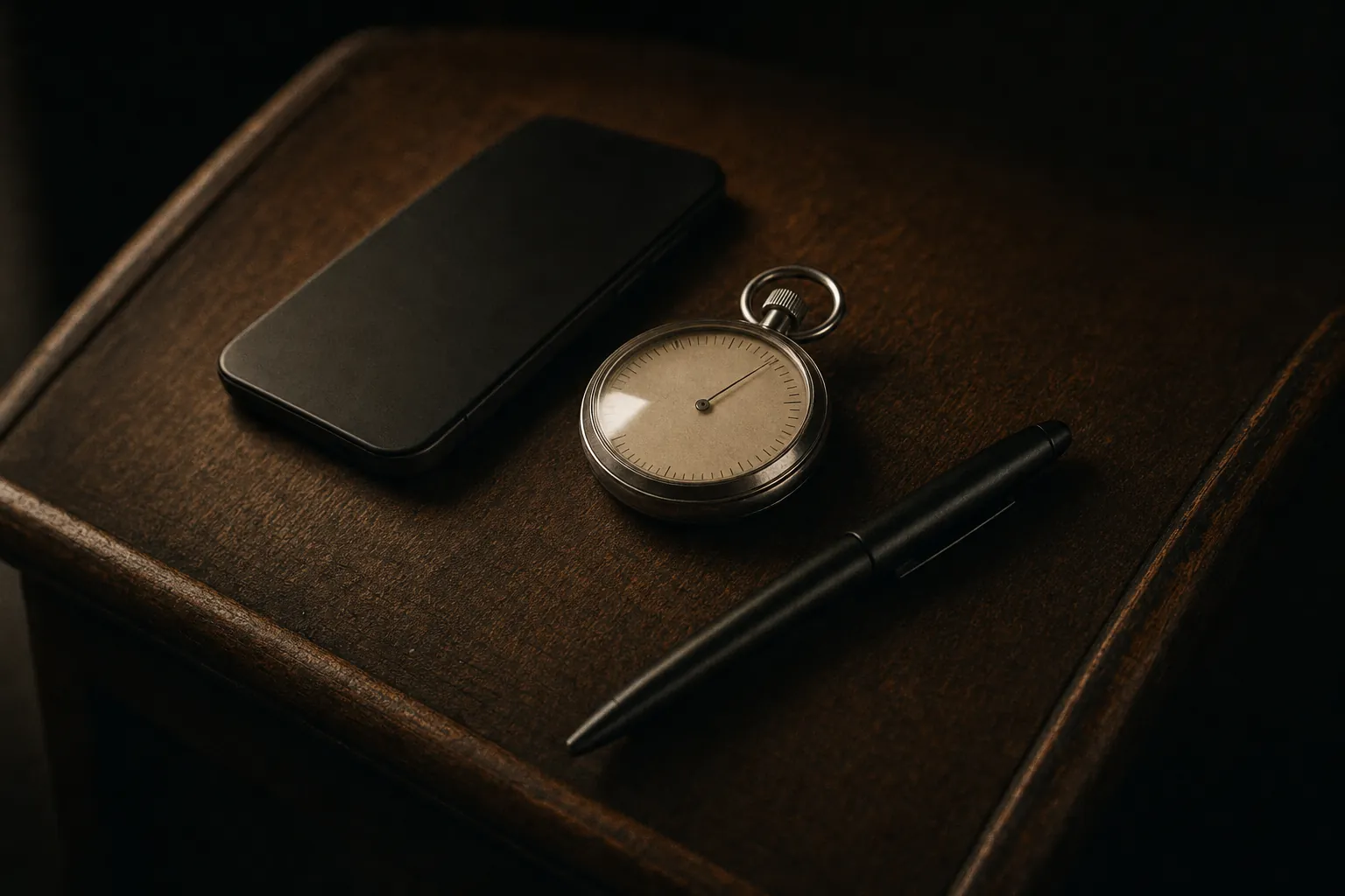 An analogue stopwatch, a dark phone and a black pen on a worn wooden lectern in low, warm lamplight.